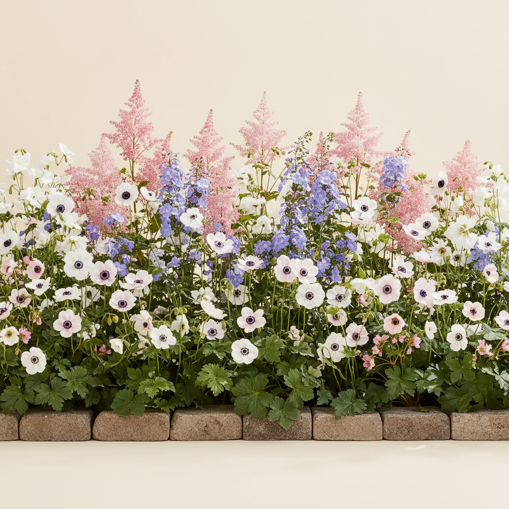 Rabatt med astilbe, höstflox, anemon i full sol – 3 m² perennrabatt