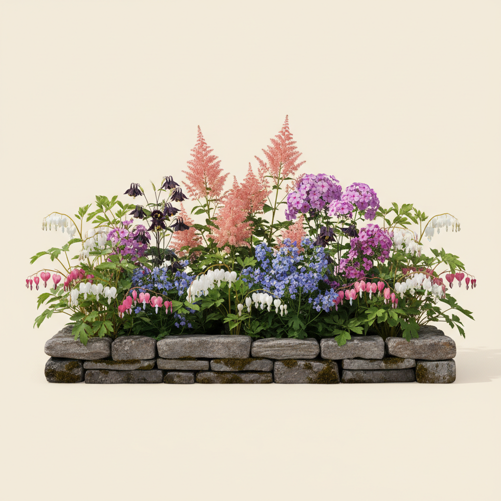 Rabatt med löjtnantshjärta, astilbe, höstflox i halvskugga – 6 m² perennrabatt