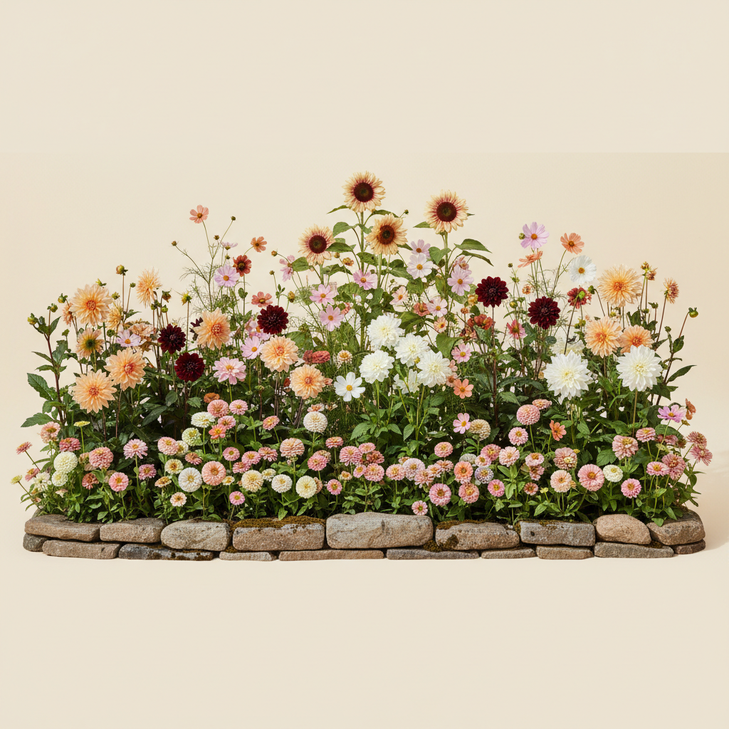 Rabatt med dahlia, zinnia, cosmos i full sol – 7 m² snittblomsterbädd