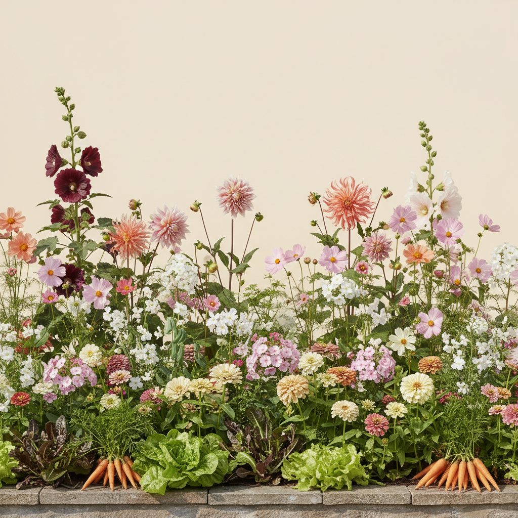 Rabatt med dahlia, zinnia, cosmos i full sol – 8 m² blandad rabatt