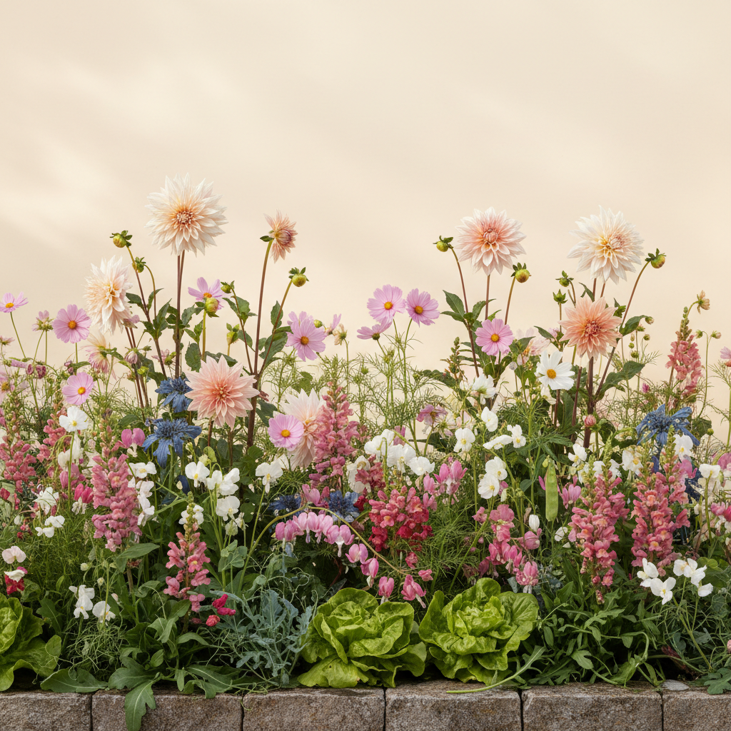 Rabatt med dahlia, rosenskära, lejongap i halvskugga – 6 m² blandad rabatt