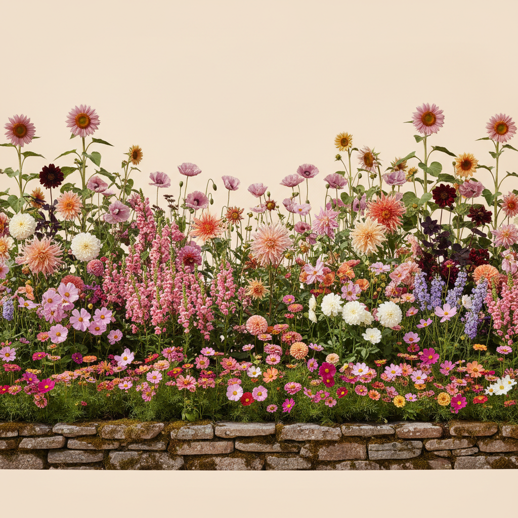 Rabatt med dahlia, zinnia, cosmos i full sol – 60 m² snittblomsterbädd