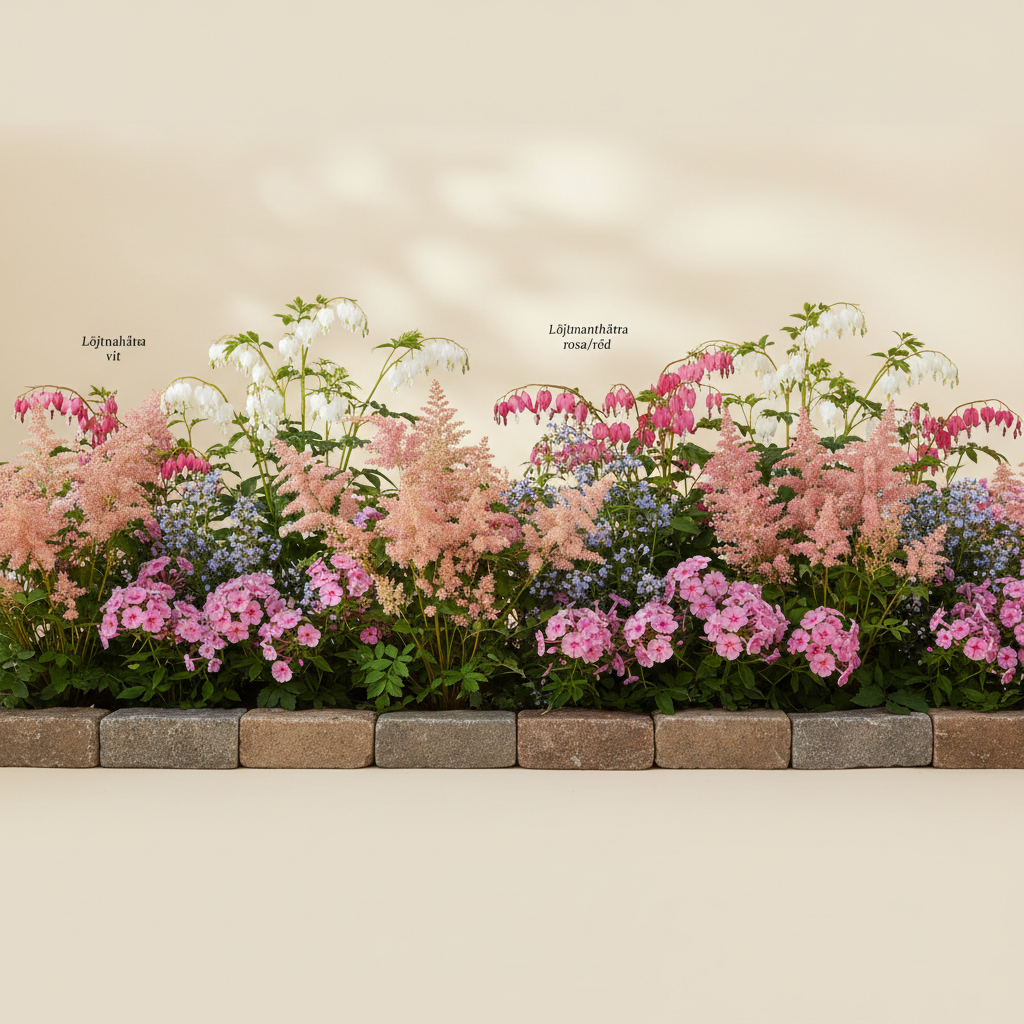 Rabatt med löjtnantshjärta, astilbe, höstflox i halvskugga – 4 m² perennrabatt
