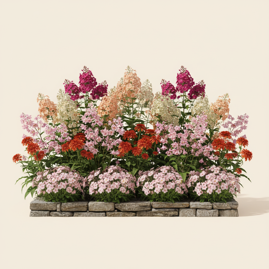 En liten 8 m² bädd i full sol — planerad för barrotsplantor. Här samsas Höstflox 'Nicky', Höstflox 'Sherbet Blend', Akleja 'Pink Barlow', Röd solhatt Echinacea 'Hot Papaya' och Höstflox 'Bright Eyes', valda för att trivas tillsammans.