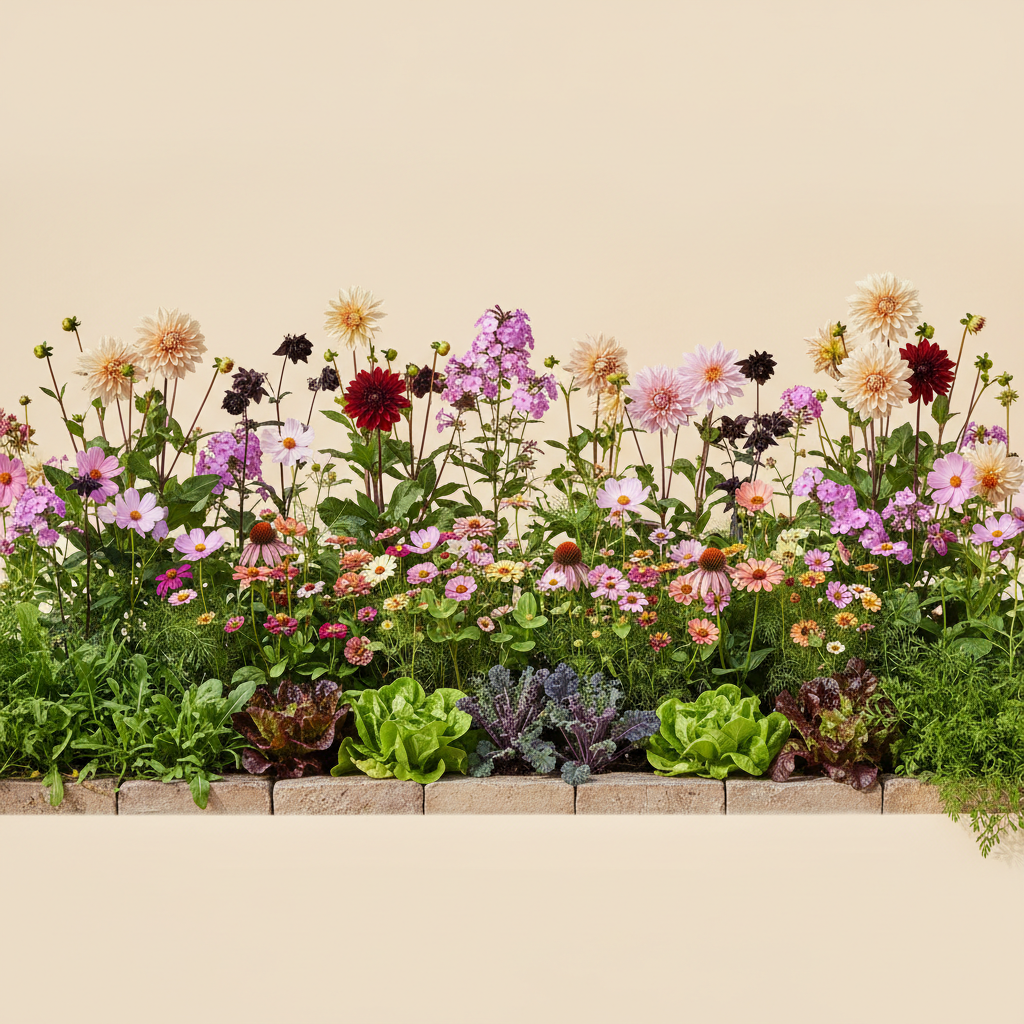 Rabatt med dahlia, zinnia, cosmos i full sol – 26 m² blandad rabatt