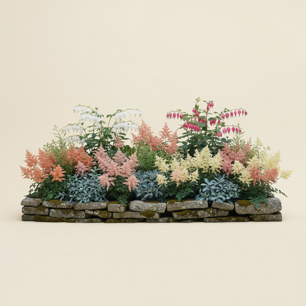 Rabatt med löjtnantshjärta, astilbe i skugga – 6 m² perennrabatt