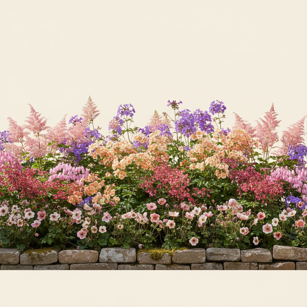 En liten 8 m² bädd i full sol — planerad för barrotsplantor. Här samsas Astilbe japonica 'Europa', Höstflox 'Amethyst', Höstflox 'Sherbet Blend', Löjtnantshjärta rosa/röd och Anemone 'Mistral Tigre', valda för att trivas tillsammans.