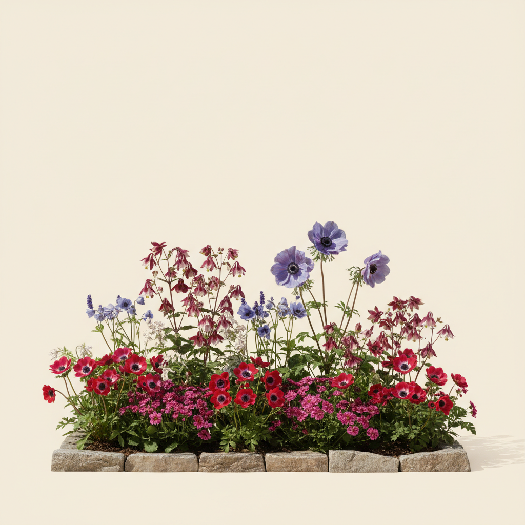 En liten 3 m² bädd i full sol — planerad för barrotsplantor. Här samsas Akleja 'Crimson Star', Anemone 'Levante Rosso', Anemone 'Mistral Grape' och Näva 'Max Frei', valda för att trivas tillsammans.