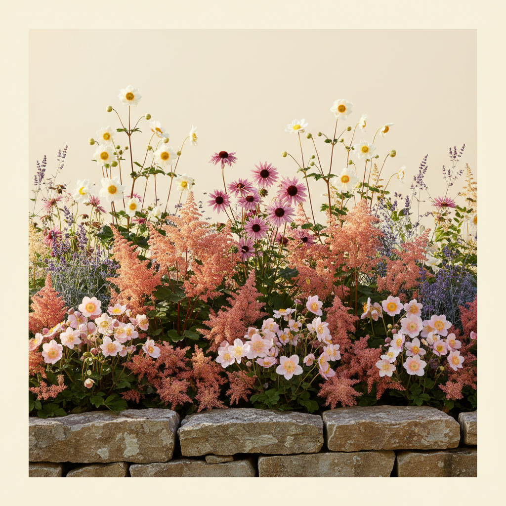 Rabatt med anemon, astilbe, röd i full sol – 3 m² perennrabatt