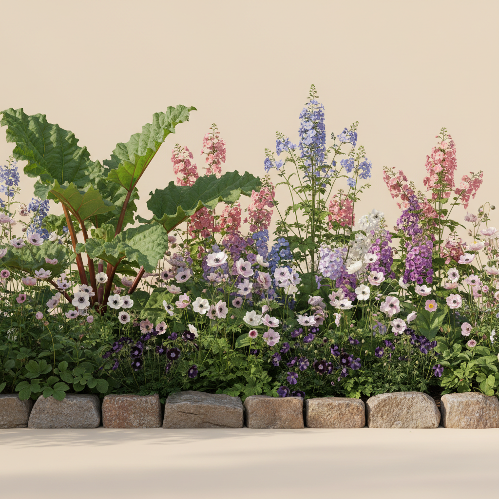 Rabatt med anemone, anemon, höstflox i halvskugga – 12 m² perennrabatt