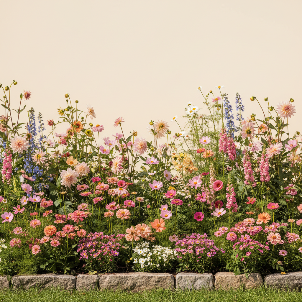 Rabatt med dahlia, zinnia, cosmos i full sol – 60 m² snittblomsterbädd
