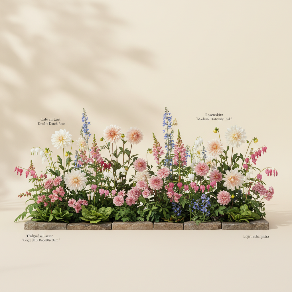 Rabatt med dahlia, rosenskära, lejongap i halvskugga – 6 m² blandad rabatt