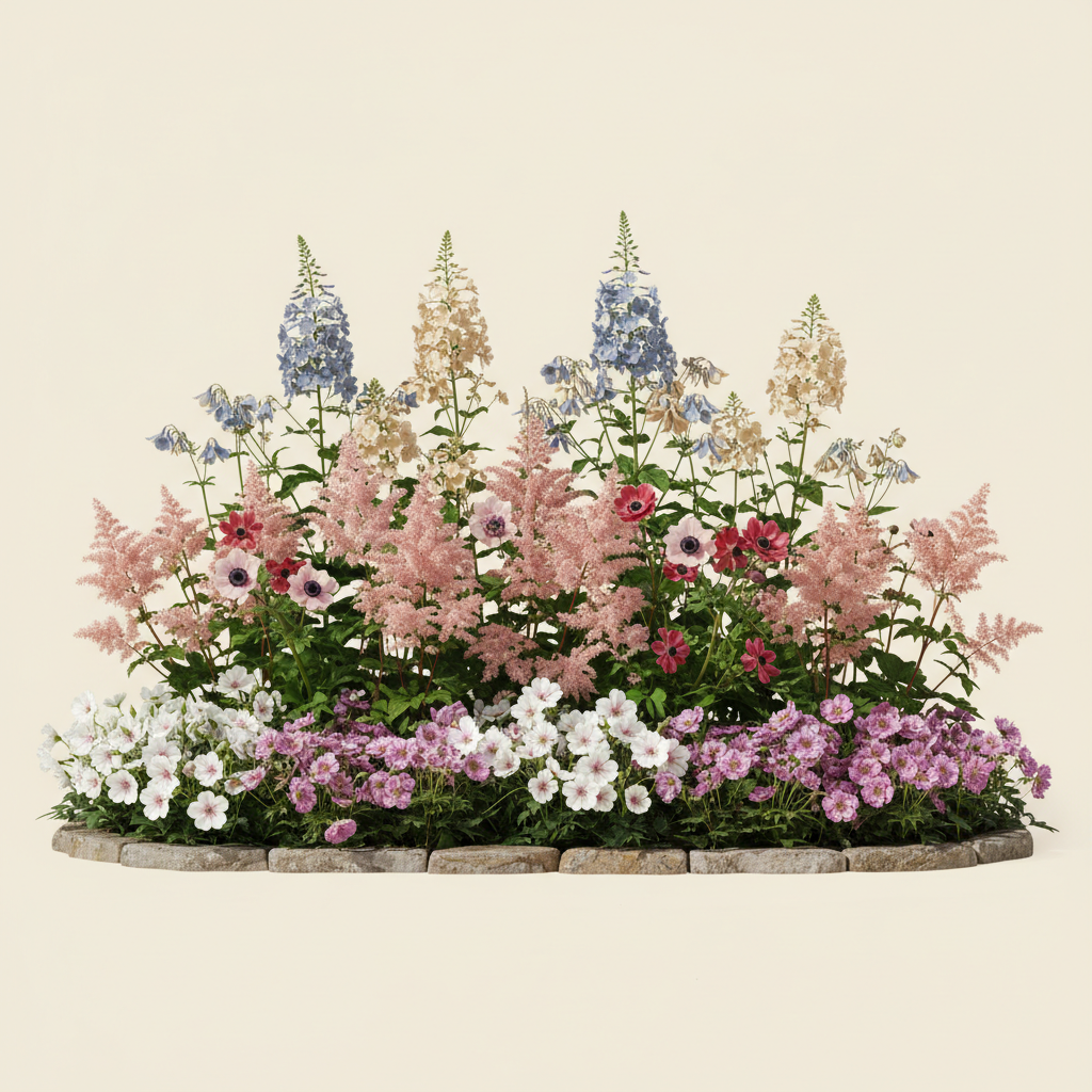 Rabatt med praktnäva, astilbe, näva i full sol – 15 m² perennrabatt
