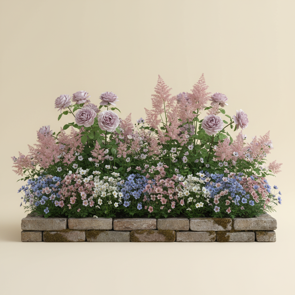 Rabatt med ros, anemon, astilbe i skugga – 2 m² perennrabatt