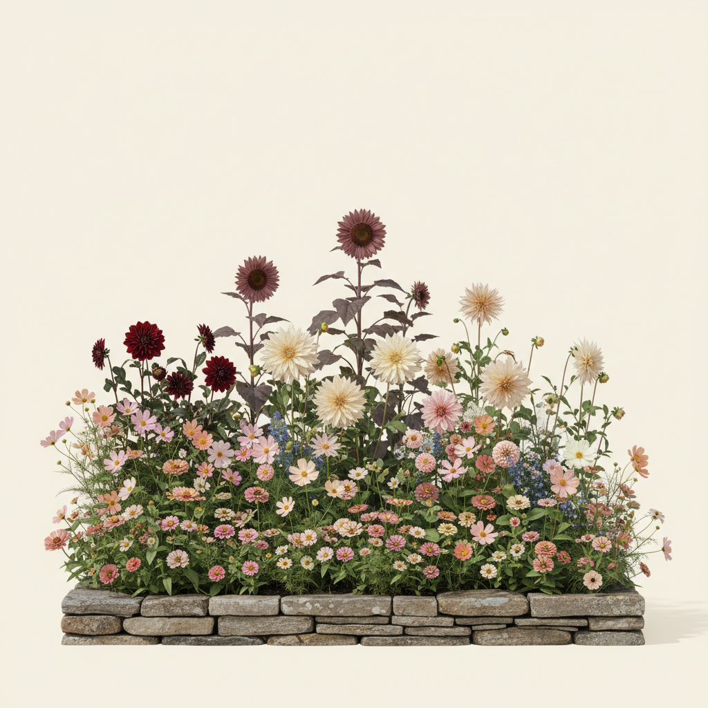 Rabatt med dahlia, zinnia, cosmos i full sol – 6 m² snittblomsterbädd