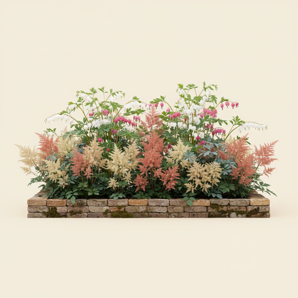 Rabatt med löjtnantshjärta, astilbe i skugga – 4 m² perennrabatt