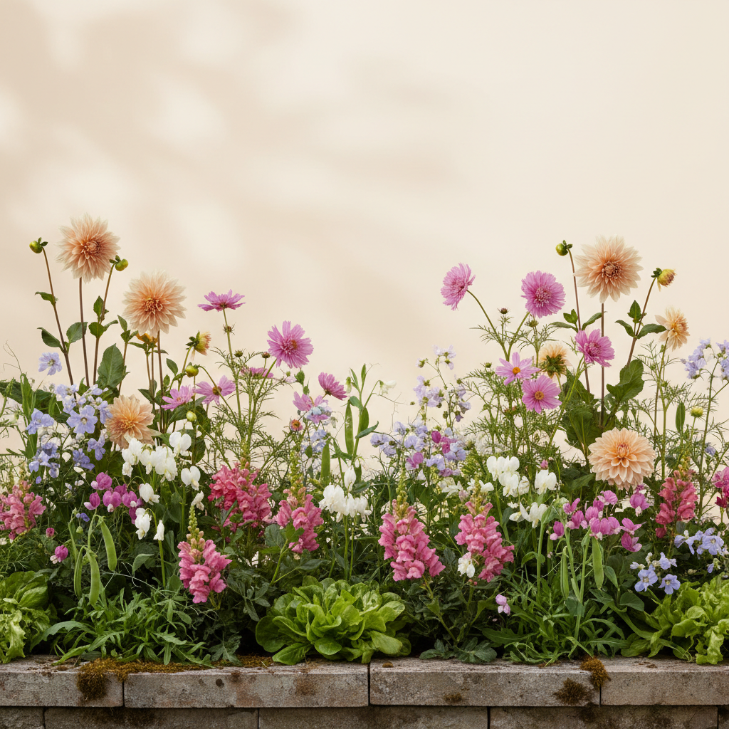 Rabatt med dahlia, rosenskära, lejongap i halvskugga – 6 m² blandad rabatt