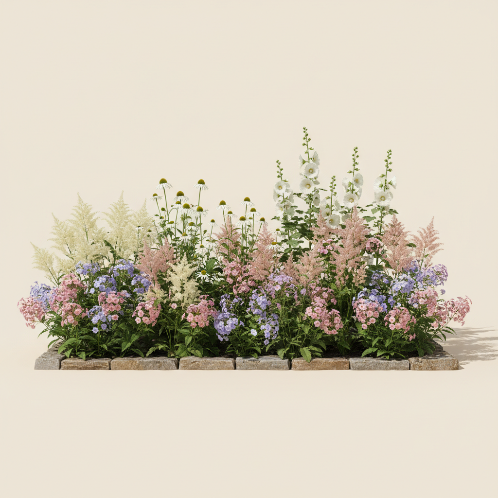 Rabatt med astilbe, röd, stockros i full sol – 6 m² perennrabatt