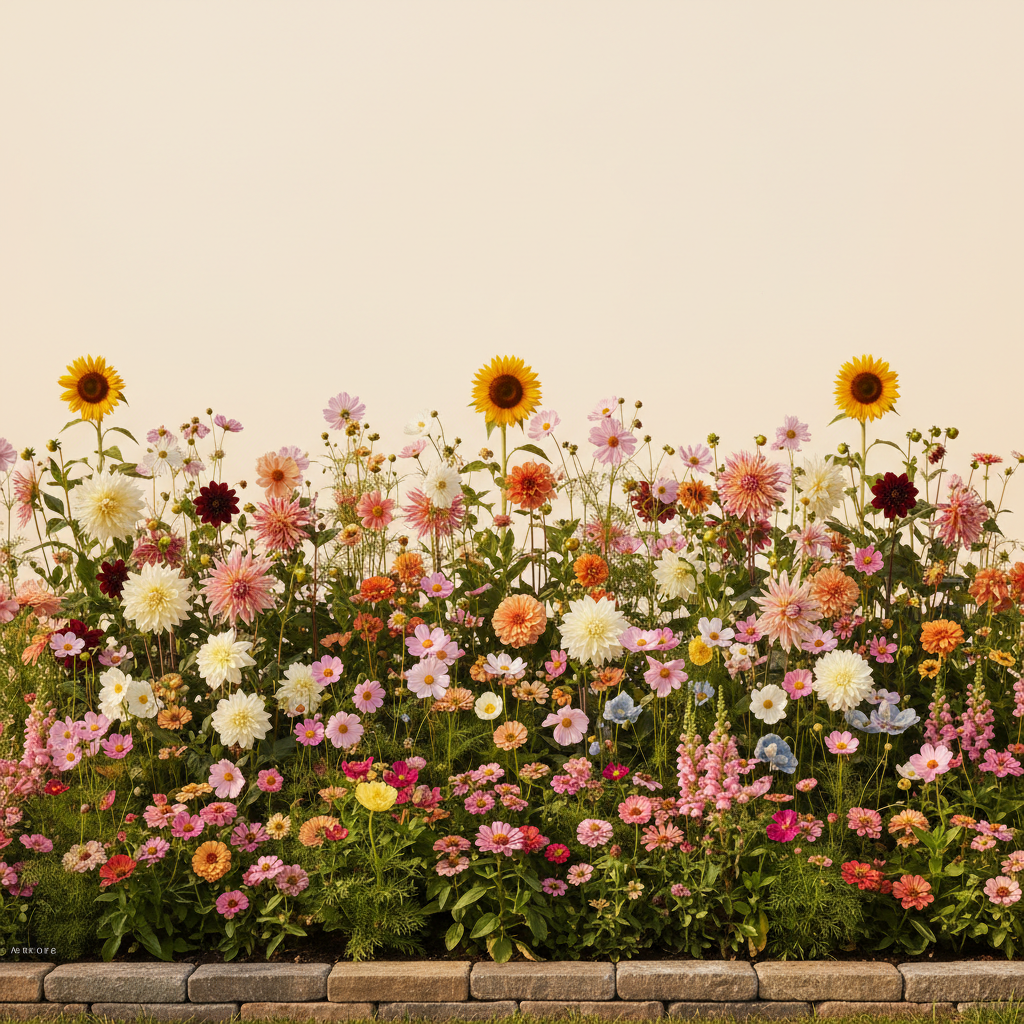Rabatt med dahlia, zinnia, cosmos i full sol – 60 m² snittblomsterbädd