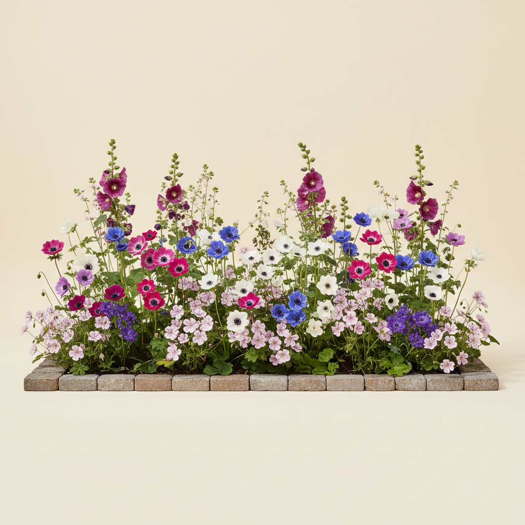 Rabatt med anemone, anemon, näva i full sol – 14 m² perennrabatt