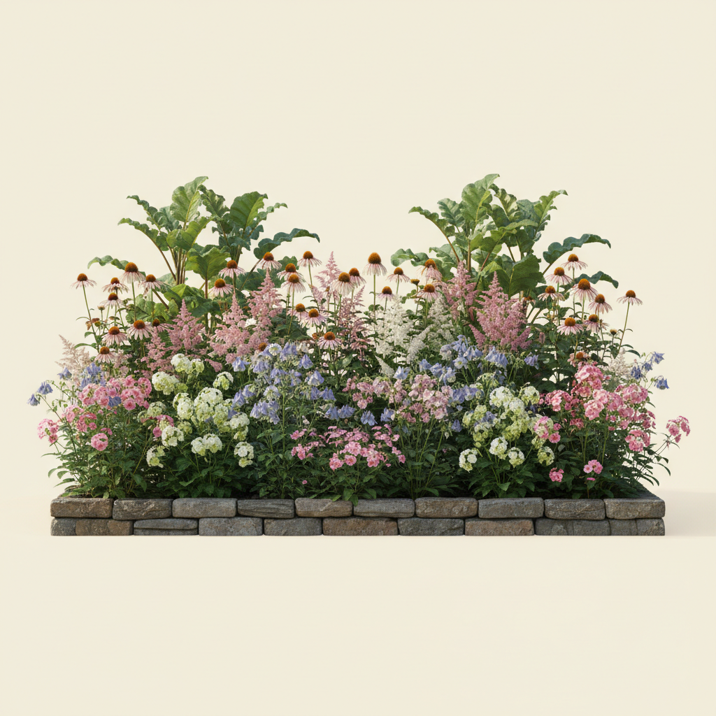 Rabatt med rabarber, solhatt, astilbe i halvskugga – 20 m² perennrabatt