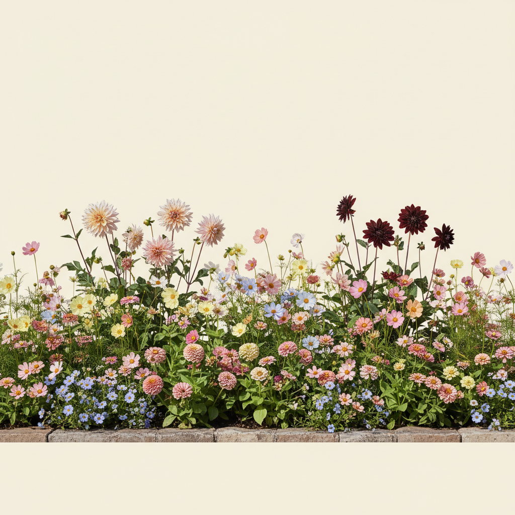 Rabatt med dahlia, zinnia, cosmos i full sol – 2 m² snittblomsterbädd