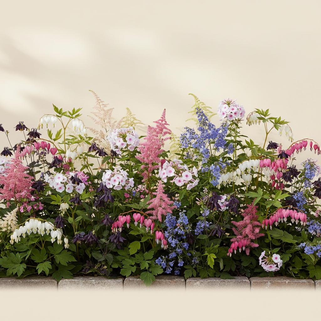 Rabatt med löjtnantshjärta, astilbe, höstflox i halvskugga – 6 m² perennrabatt