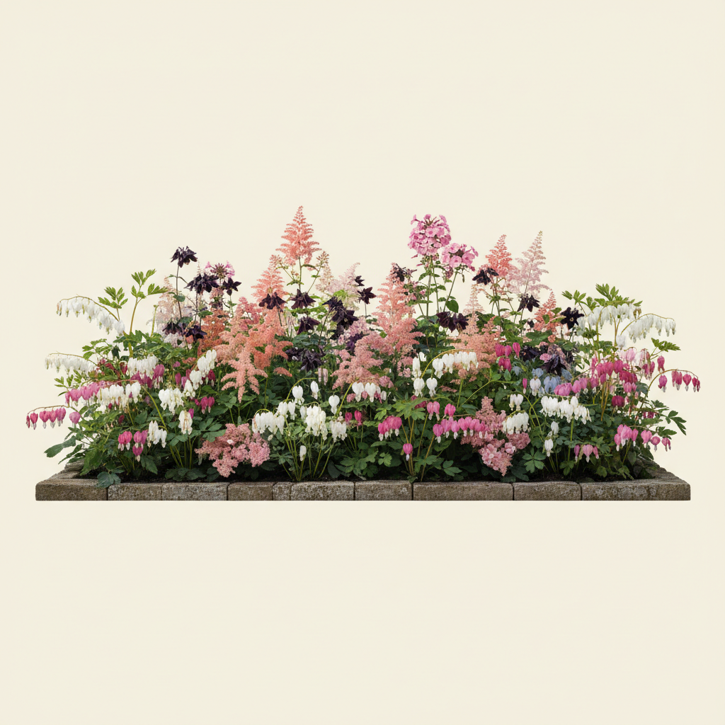 Rabatt med löjtnantshjärta, astilbe, höstflox i halvskugga – 12 m² perennrabatt