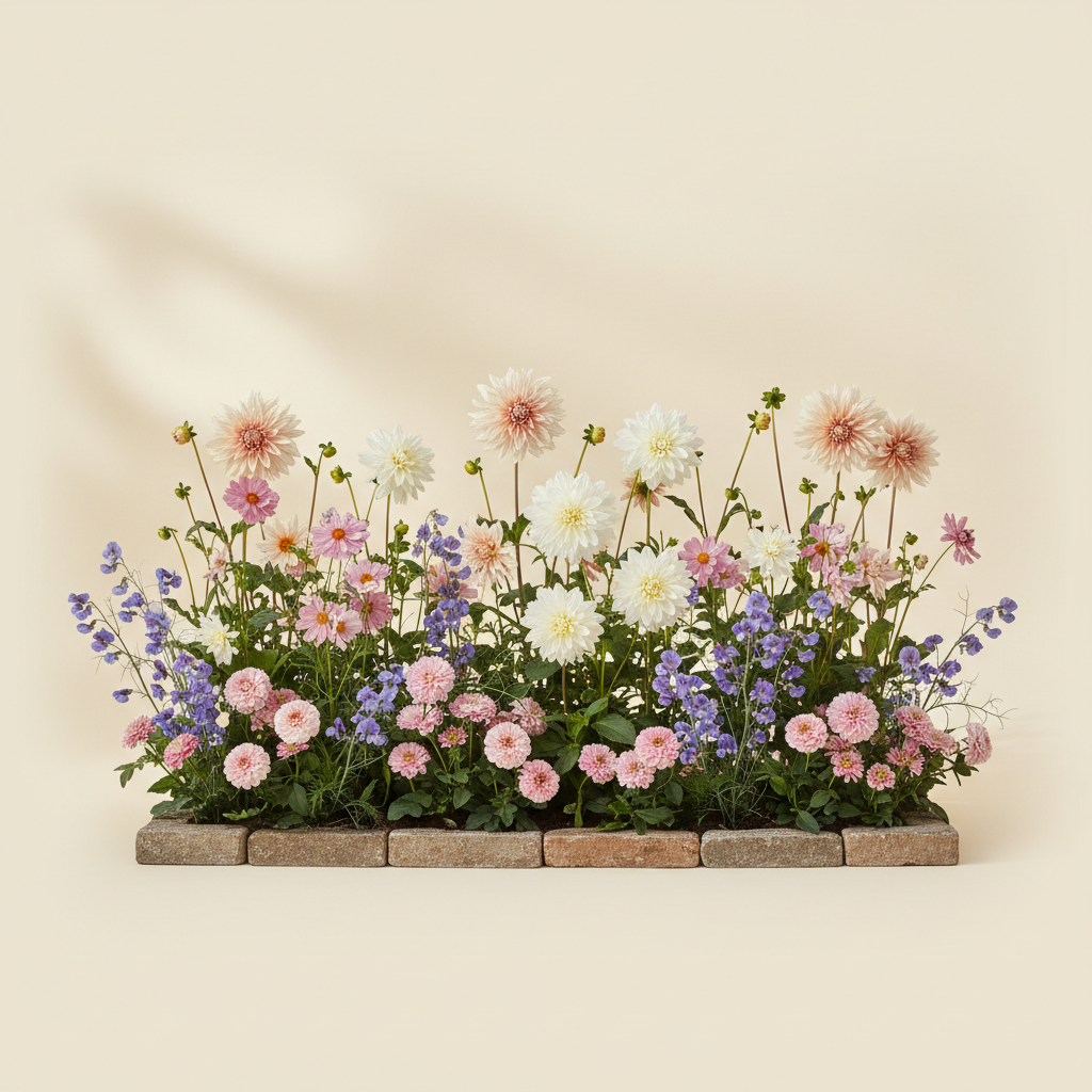 Rabatt med dahlia, rosenskära, luktärt i halvskugga – 2 m² snittblomsterbädd