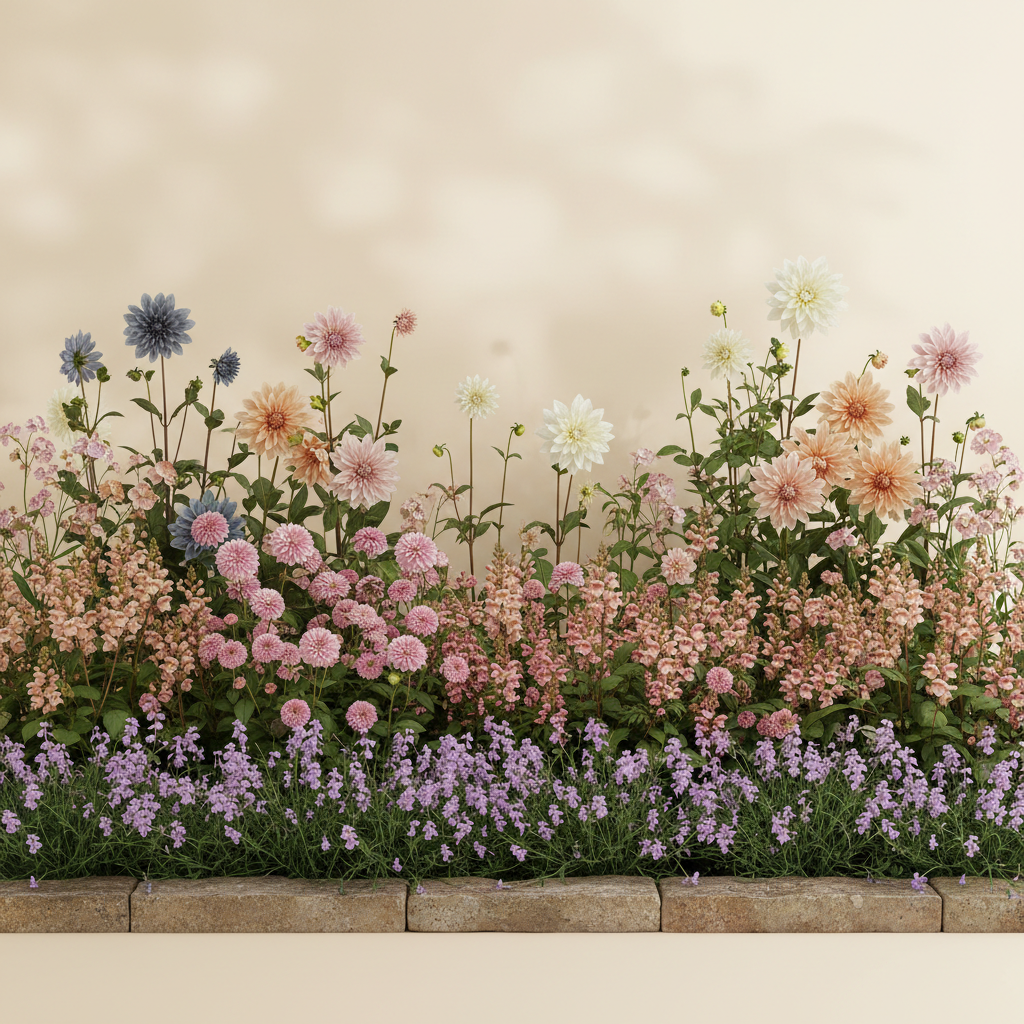 Rabatt med dahlia, rosenskära, lejongap i halvskugga – 16 m² snittblomsterbädd