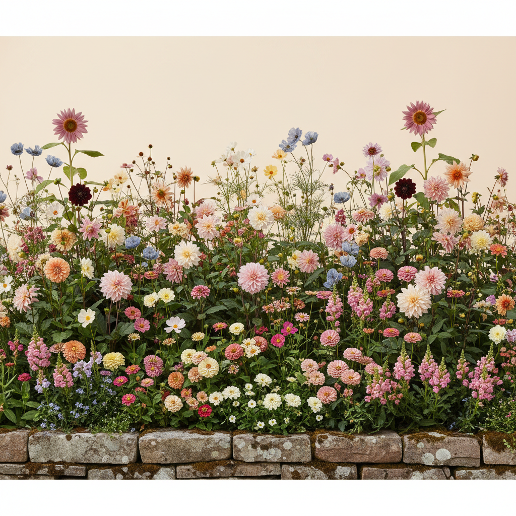 Rabatt med dahlia, zinnia, cosmos i full sol – 60 m² snittblomsterbädd