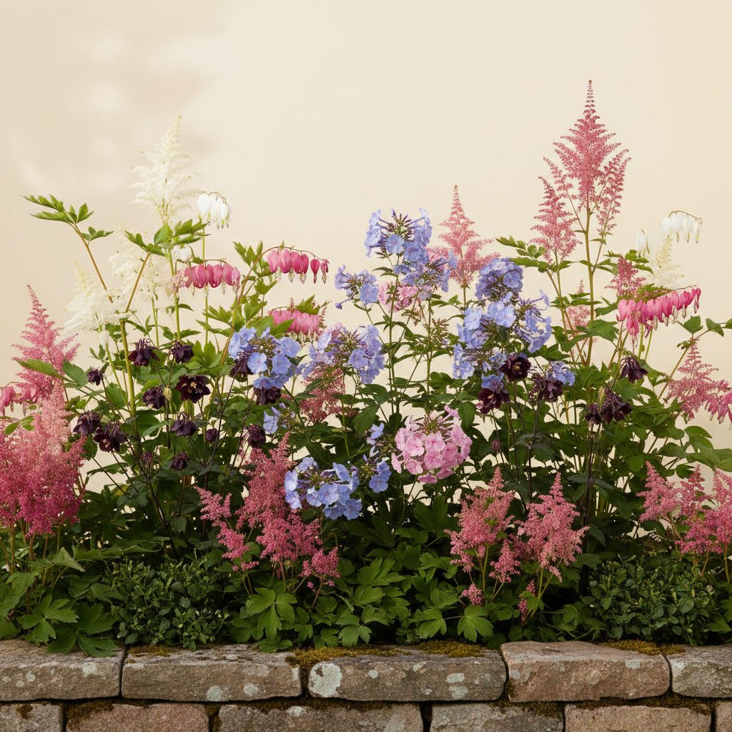 Rabatt med löjtnantshjärta, astilbe, höstflox i halvskugga – 6 m² perennrabatt