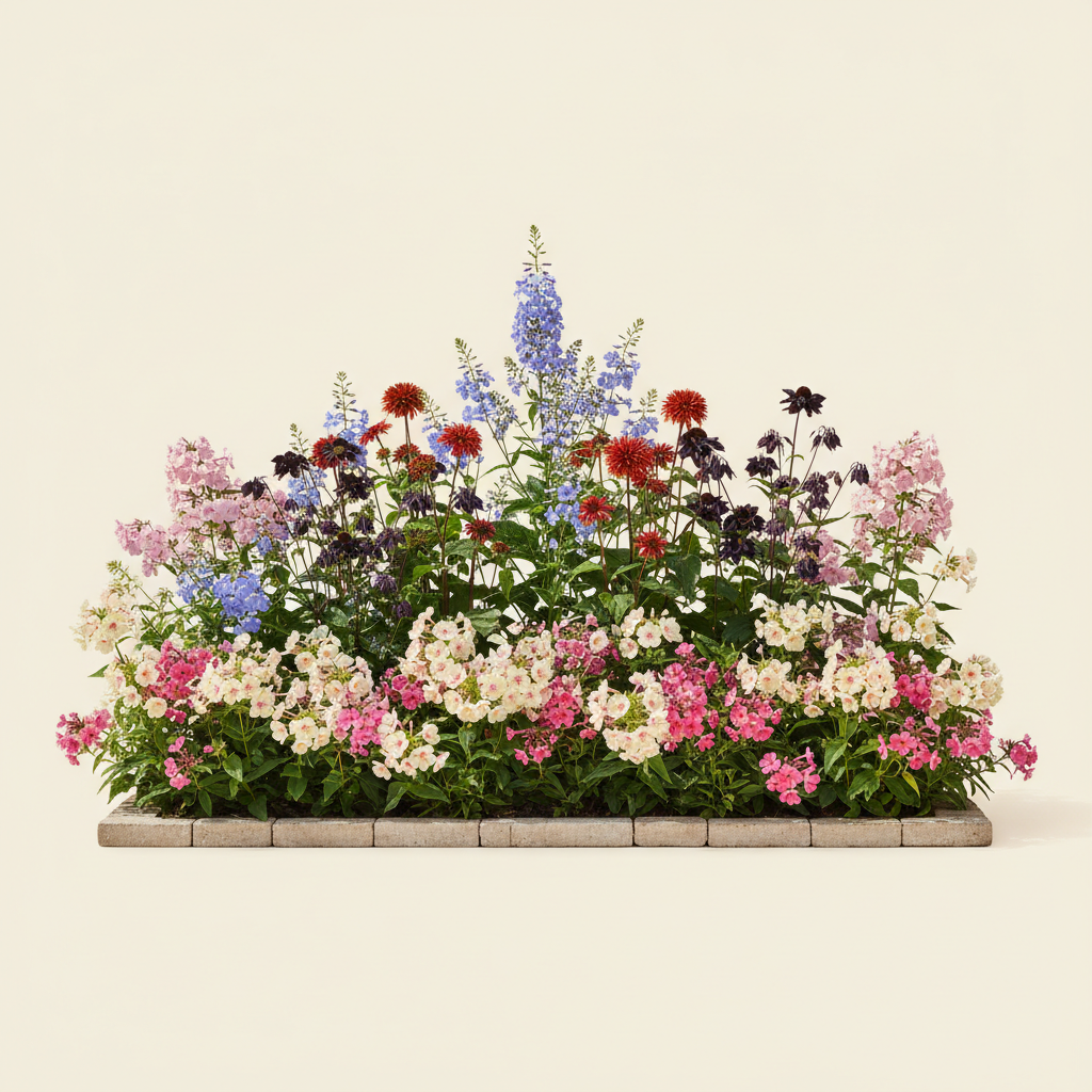 Rabatt med höstflox, akleja, röd i full sol – 6 m² perennrabatt