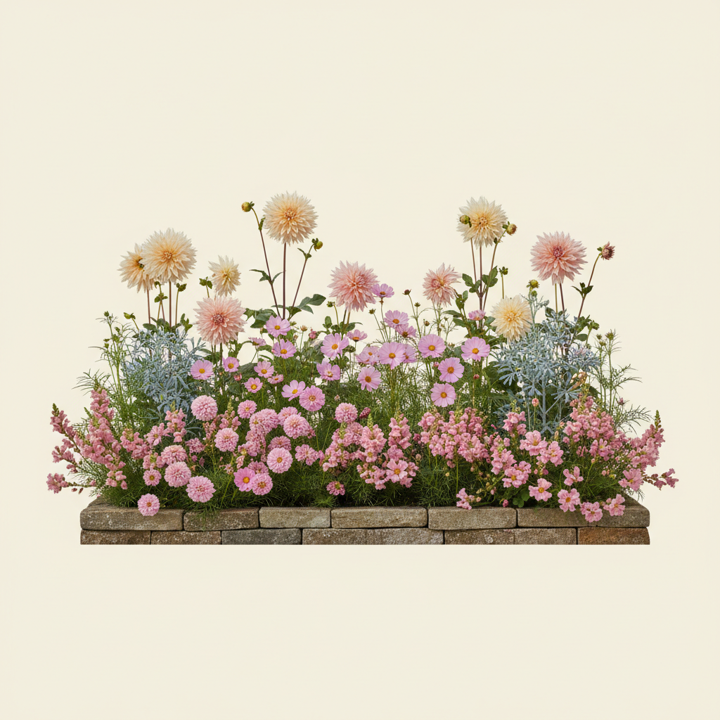 Rabatt med dahlia, rosenskära, lejongap i halvskugga – 2 m² snittblomsterbädd