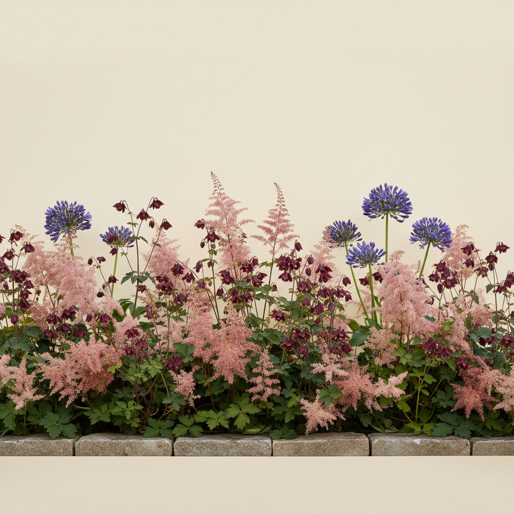 Rabatt med astilbe, akleja, agapanthus i skugga – 2 m² perennrabatt
