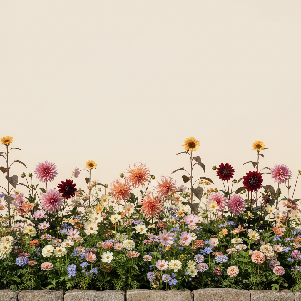 Rabatt med dahlia, zinnia, cosmos i full sol – 3 m² snittblomsterbädd