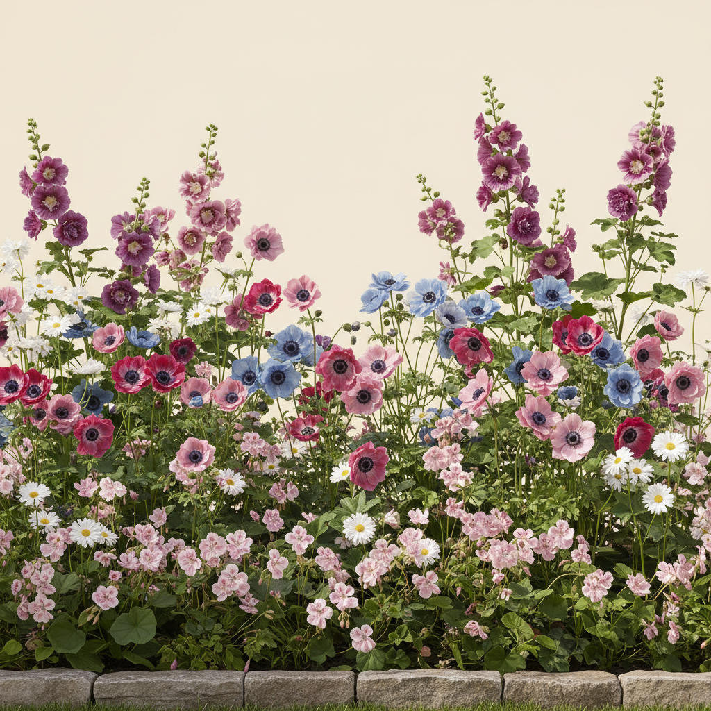 Rabatt med anemone, anemon, näva i full sol – 14 m² perennrabatt