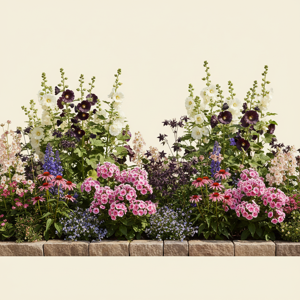 En liten 8 m² bädd i full sol — planerad för barrotsplantor. Här samsas Höstflox 'Brilliant Eye', Stockros 'Nigra', Akleja 'Black Barlow', Röd solhatt 'Double Decker' och Stockros 'White', valda för att trivas tillsammans.