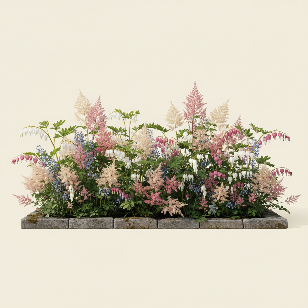 Rabatt med löjtnantshjärta, astilbe i halvskugga – 2 m² perennrabatt