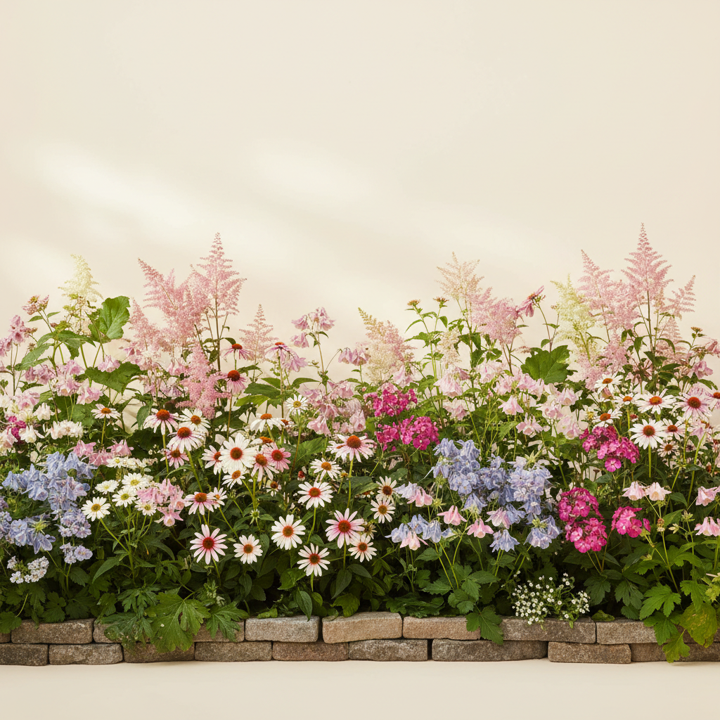 Rabatt med rabarber, solhatt, astilbe i halvskugga – 20 m² perennrabatt