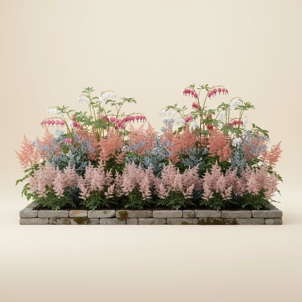Rabatt med löjtnantshjärta, astilbe i skugga – 6 m² perennrabatt