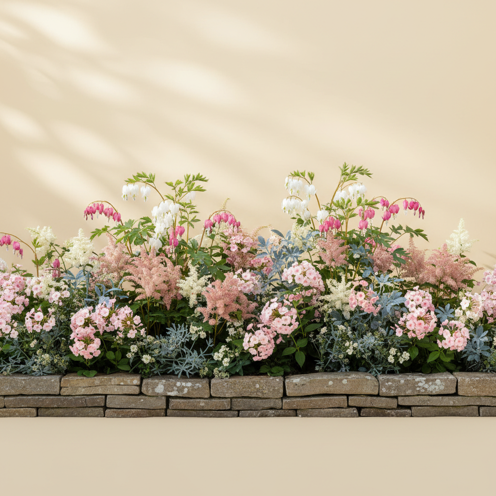 Rabatt med löjtnantshjärta, astilbe, höstflox i halvskugga – 3 m² perennrabatt