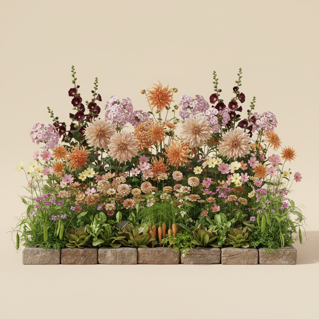 Rabatt med dahlia, zinnia, cosmos i full sol – 14 m² blandad rabatt