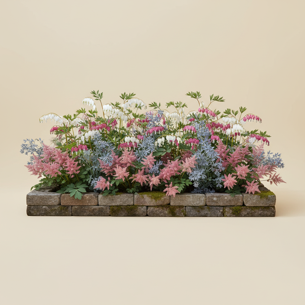 Rabatt med löjtnantshjärta, astilbe i halvskugga – 1 m² perennrabatt