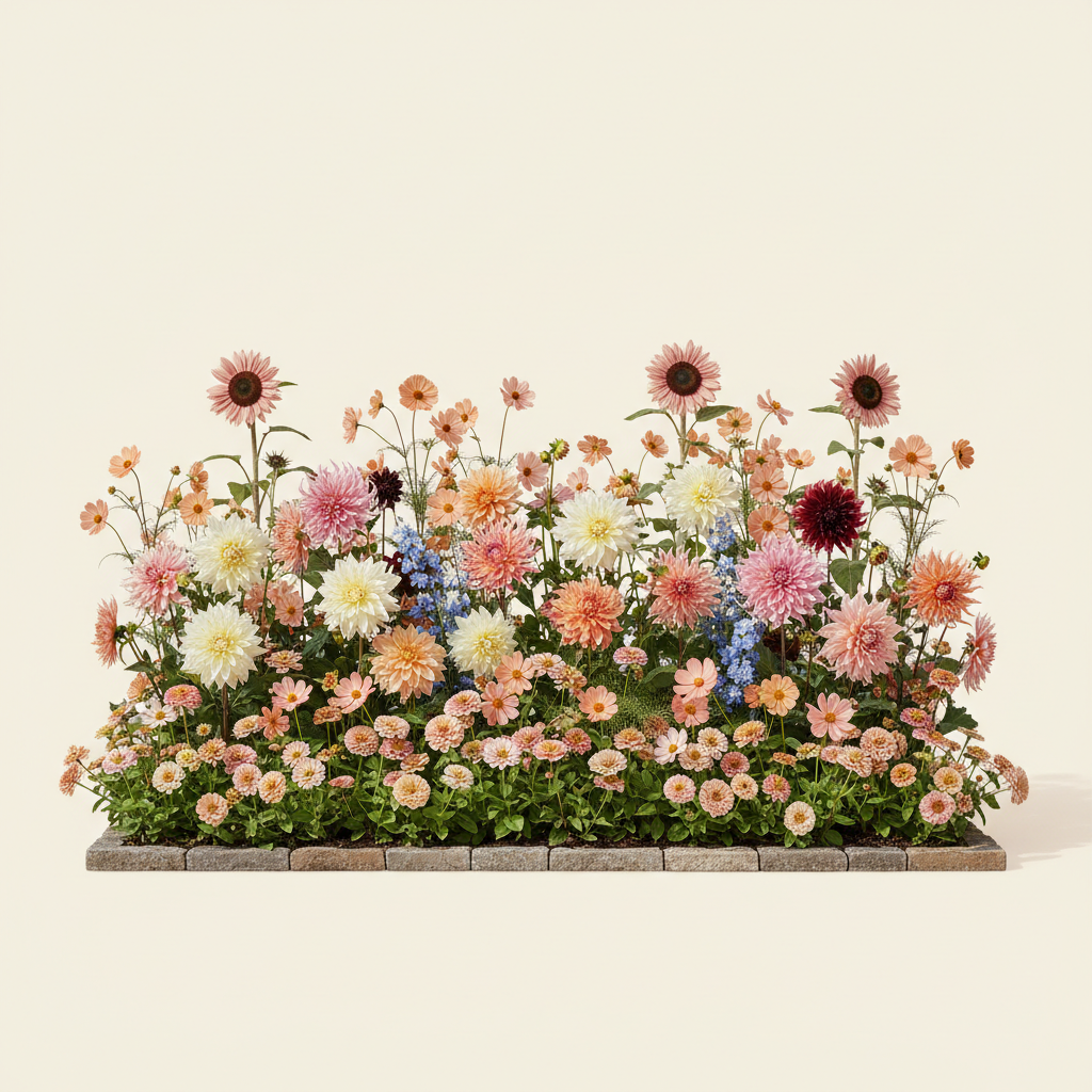 Rabatt med dahlia, zinnia, cosmos i full sol – 6 m² snittblomsterbädd