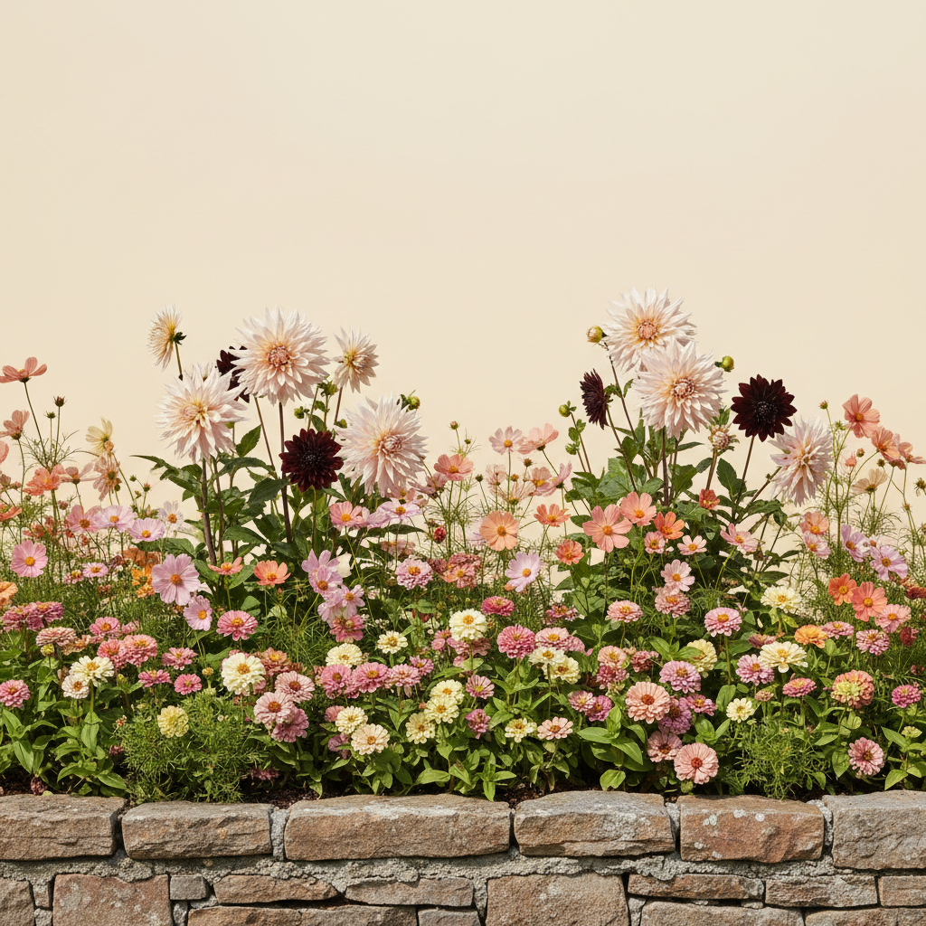Rabatt med dahlia, zinnia, cosmos i full sol – 2 m² snittblomsterbädd