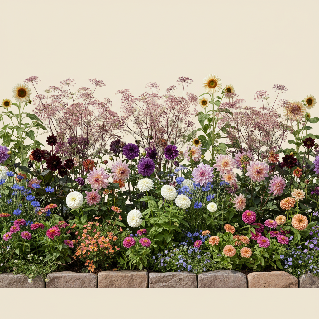 Rabatt med dahlia, aster, kornblomma i full sol – 32 m² snittblomsterbädd