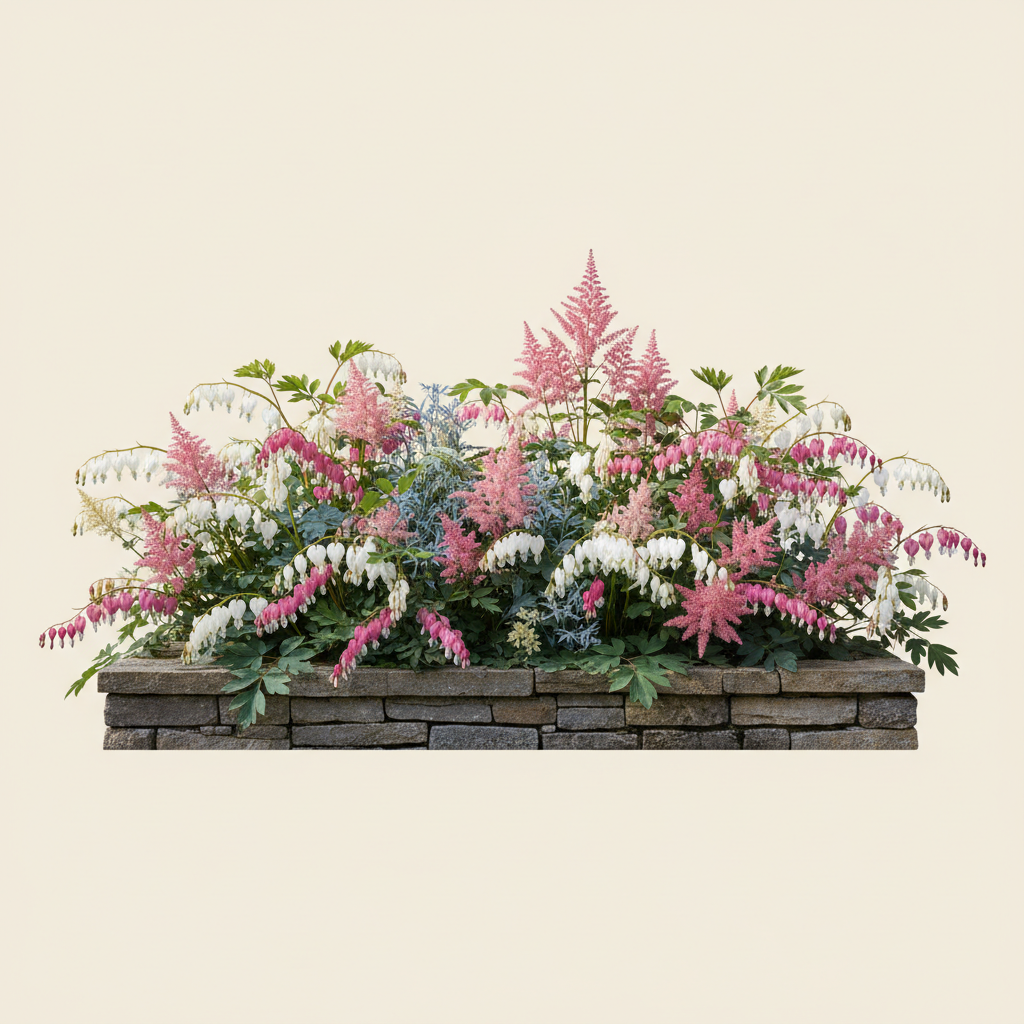 Rabatt med löjtnantshjärta, astilbe i halvskugga – 2 m² perennrabatt
