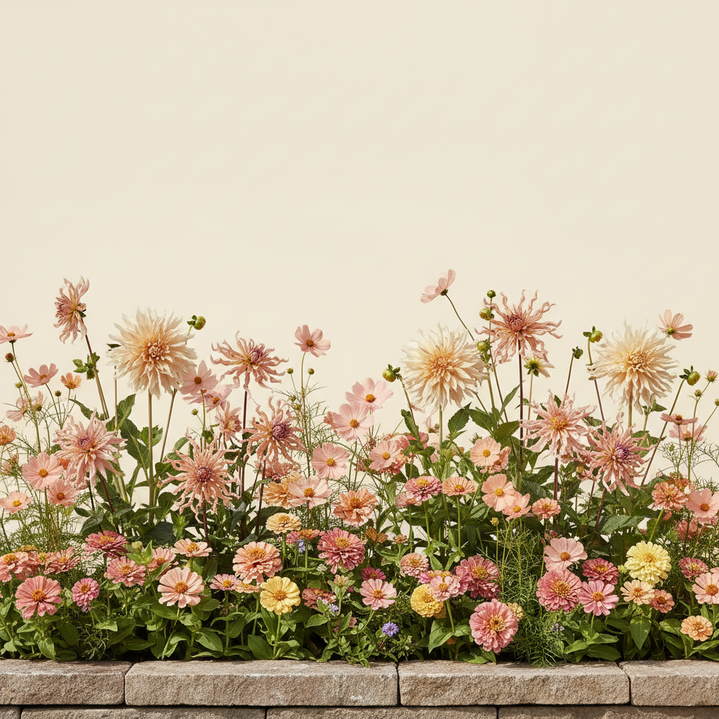 Rabatt med dahlia, zinnia, cosmos i full sol – 2 m² snittblomsterbädd