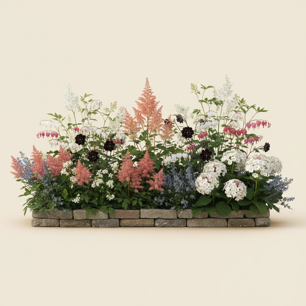 Rabatt med löjtnantshjärta, astilbe, höstflox i halvskugga – 6 m² perennrabatt